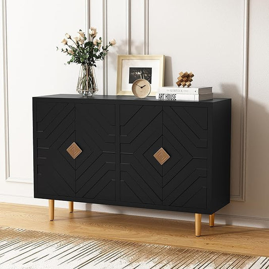 HLR 48" Accent Cabinet with 4 Doors and Shelves, Modern Sideboard Buffet Cabinet with Decorative Embossed Pattern Doors, Credenza Storage Cabinet for Living Room, Kitchen, Dining Room, Hallway