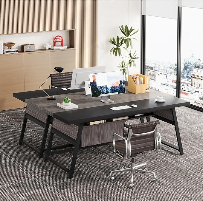 63-inch Executive Desk with Storage Shelf, Large Home Office Desk with Metal Frame & LED Light, Long Computer Desks for Home Office, Gray and Black