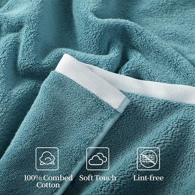 REDKISS 2 Pack Cotton Bath Towels, Soft Absorbent 600 GSM, 27x54 Inch | Quick Dry | Reinforced Stitching | Modern Contrast Border Design | Machine Washable | Bathroom, Gym|Spa & Guest Use | Blue