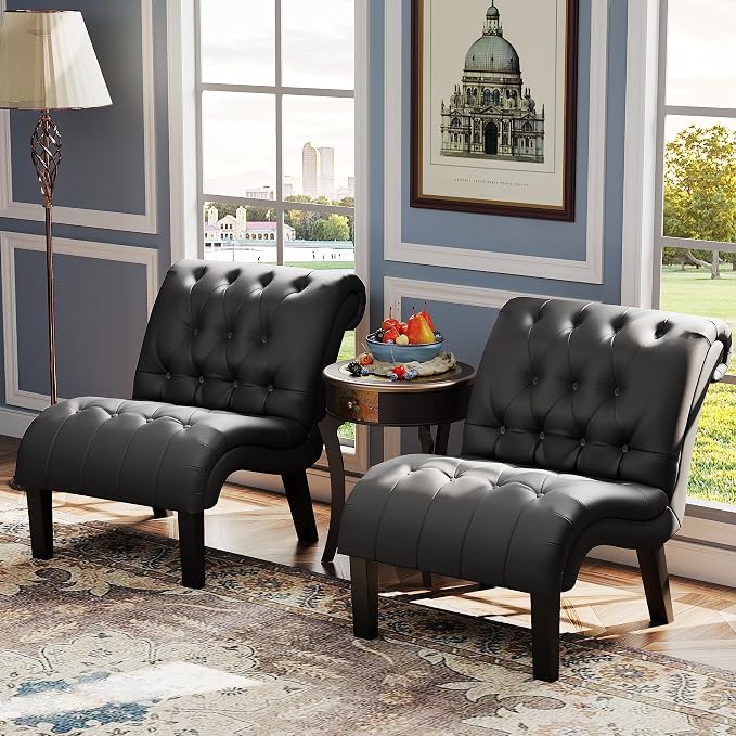 PU Leather Accent Chairs Set of 2 Button Tufted Upholstered Modern Armless Lounge Chair for Bedroom Living Room Side Chairs with Wood Legs Black