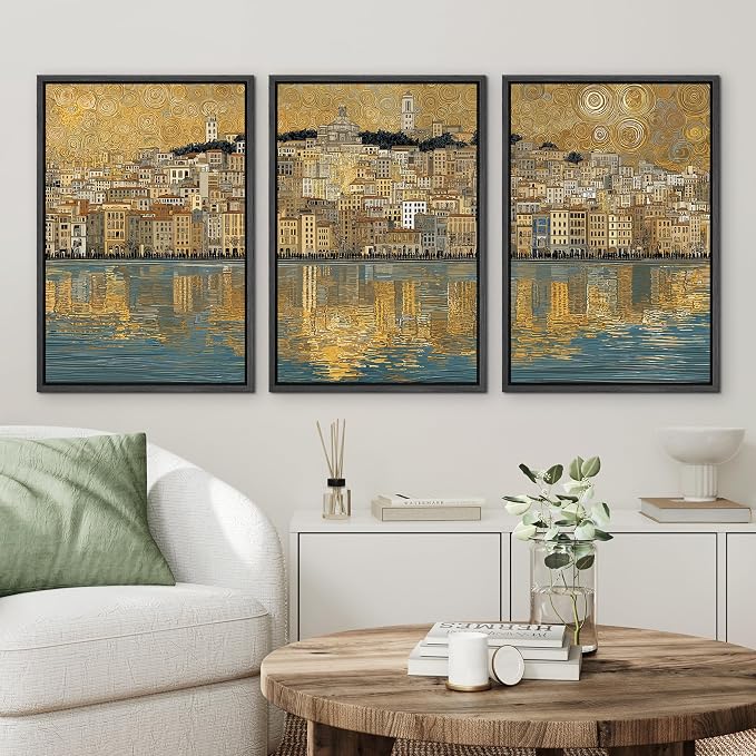 wall26 Framed Print Wall Art Set Golden Cityscape Reflection Gustav Klimt Inspired Coastal TownDecorative Minimal Relax/Zen for Living Room, Bedroom, Office - 24"x36"x3 BLACK