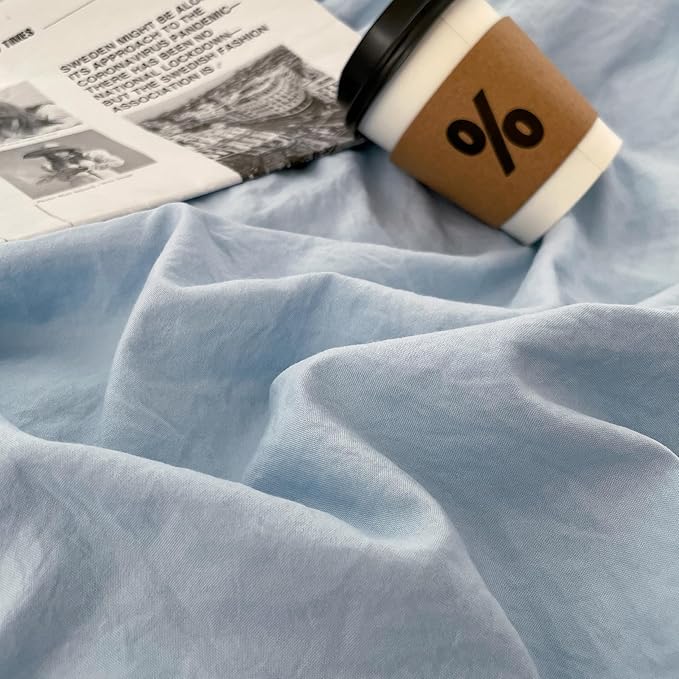 mixinni 100% Washed Cotton Duvet Cover Set King Size, Solid Light Blue Ocean Themed Chic Bedding, Soft Breathable Minimalist Comforter Cover with Zipper Closure & Corner Ties-King Size