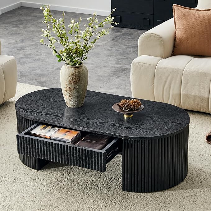 Oval Coffee Table, 47.5" Coffee Table with Storage, Fluted Accent Center Table with Textured Roman Column Patterns, Mid Century Modern Coffee Tables for Living Room, Office, Apartment, Black