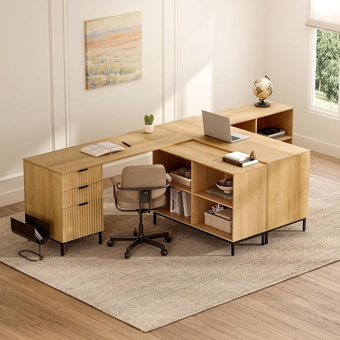 60" L Shaped Fluted Desk, Computer Desk with Movable Storage Cabinet Home Office Desk with 3 Drawers Metal Legs Corner Desk for Gaming Study, Natural Oak