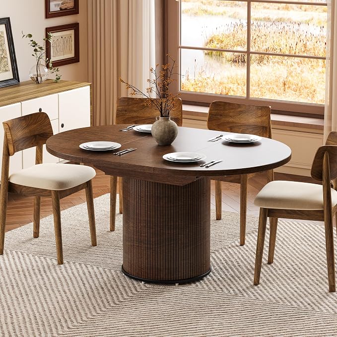 Extendable Round Dining Table for 4-8, 43in-59in Modern Wood Dining Room Table with Removable Leaves, Extendable Dinner Tables w/Heavy Duty Base for Kitchen|Living Room|Small Space, Walnut