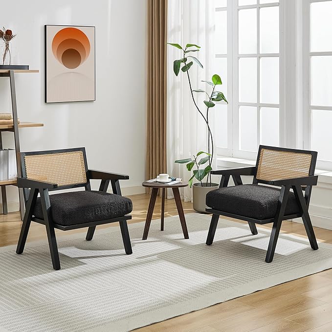 Mid Century Modern Accent Chair, Comfy Living Room Chairs with Sturdy Wood Legs, Rattan Backrest & Beige Thick Linen Cushion, Armchair for Bedroom Balcony Apartment, Black (2 PCS)