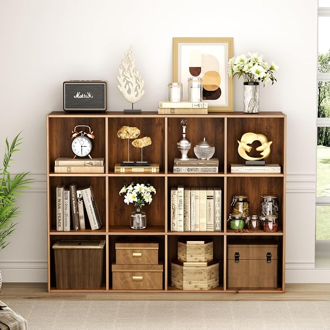 VDNEND Wooden Storage Organizer with Closed Back Panel, 11in Cube Shelf Opening, Bookshelf, Display Shelf,Closet Cabinet for Home and Office (Brown, 12-Cube 35.98L*9.45W*47.72H)