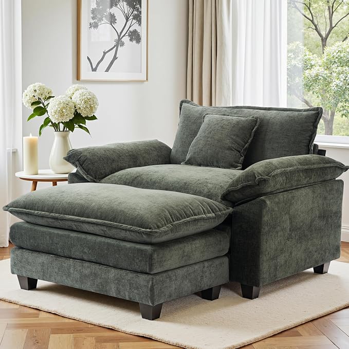 Winterstorm Chenille Oversized Chair with Ottoman - 44" W Large Comfy Accent Chair and Ottoman Set, Modern Single Cloud Chaise Lounge for Indoor Living Room (Green)