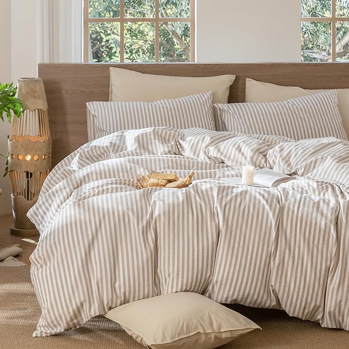 MooMee Striped Duvet Cover Set 100% Washed Cotton Linen Like Textured Breathable Durable Soft Comfy (Tannish Linen Grey White Classic Stripes, Oversized Queen 98"x98")