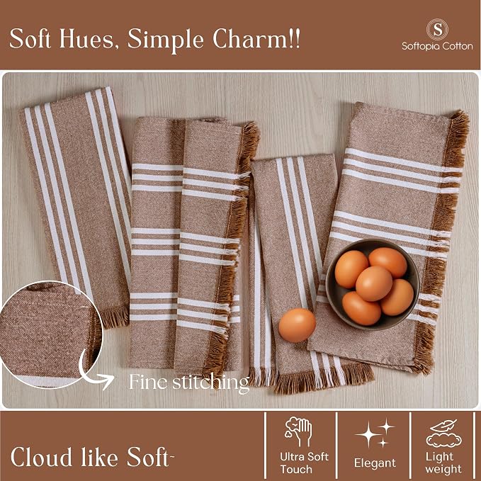 Prewashed Striped Dish Towels 12 Pack, 16x26 Inches, Quick Dry Towels for Kitchen, Durable, Reusable and Absorbent Wash Cloths Set, Washable Fabric, Heavy Duty for Daily Use - Brown