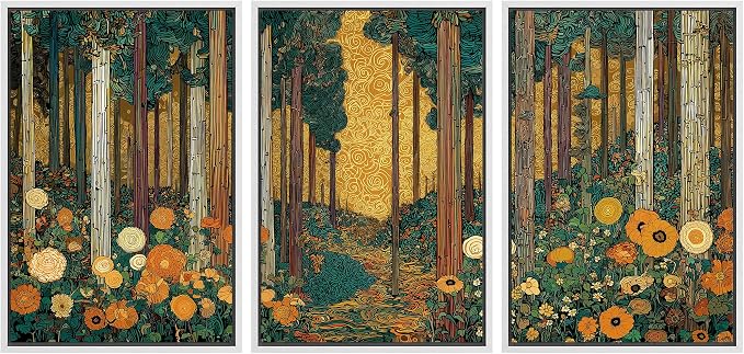 wall26 Framed Print Wall Art Set Klimt Style Sunlit Forest Vibrant Green and Gold Floral WoodlandDecorative Minimal Relax/Zen for Living Room, Bedroom, Office - 16"x24"x3 WHITE