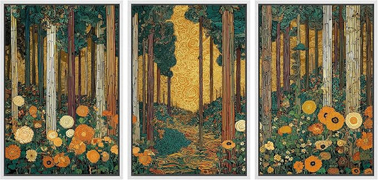 wall26 Framed Print Wall Art Set Klimt Style Sunlit Forest Vibrant Green and Gold Floral WoodlandDecorative Minimal Relax/Zen for Living Room, Bedroom, Office - 16"x24"x3 WHITE