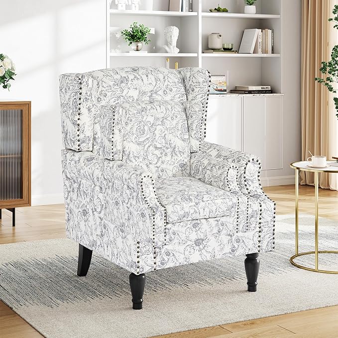 Pia Ricco Set of 2 Floral Accent Chairs, High Back Upholstered Armchairs with Retro Wingback Design, Nailhead Trim & Solid Wood Legs for Living Room Bedroom Home Office(Rococo Light Gray)