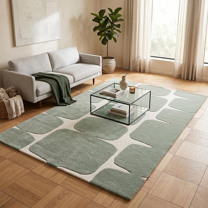 Restoration and Renovation Modern Wool Area Rug - Contemporary Abstract Geometric Design, Thick & Soft Hand-Tufted Carpet - Ideal for Indoor Decor in Living Room, Bedroom (Sage Green, 5' Round)