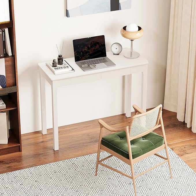Solid Wooden Desk with Drawers - 39 x 16 Inch Modern Narrow Desks, Rubberwood Simple Study Table, Small Writing Desk for Bedroom|Small Spaces - White Desks