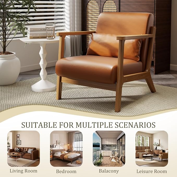Accent Chair and Ottoman Set, Mid-Century Modern Faux Leather Armchair with Solid Wood Frame for Living Room, Bedroom, Balcony, Brown