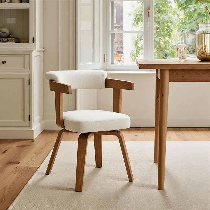 Art Leon Office Chair No Wheels - Mid Century Modern Desk Chair, Fabric Upholstered Accent Arm Chair with Wood Legs for Small Spaces Home Office Living Room Bedroom Study, Off White/Walnut
