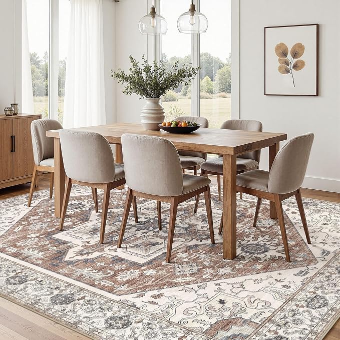 Area Rug 7x9 for Living Room - Washable Oriental Vintage Floral Distressed Large Indoor Carpets with Non Slip Back for Bedroom Dining Room Nursery Office Home Decor -Terracotta/Brown