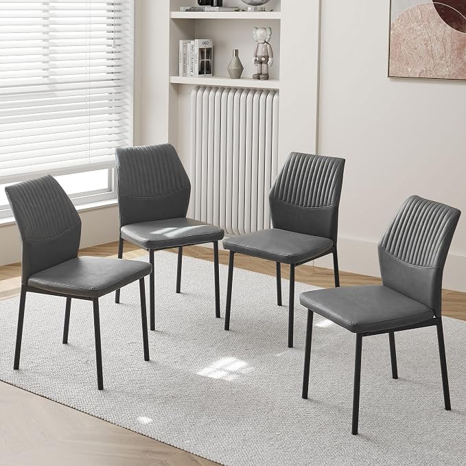 Dining Chairs Set of 4, PU Leather Dining Room Chairs, Comfortable Upholstered Kitchen Chair with Black Metal Legs for Living Room, Dining Room, Dark Grey