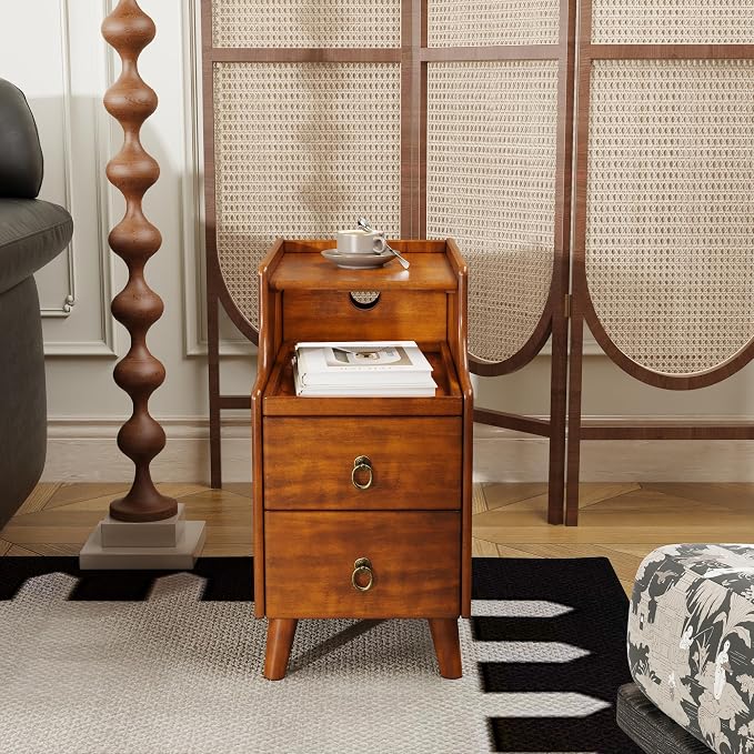 2-Set Solid Hardwood End Table with 2 Drawers, Traditional Beside Table with Pull-Out Coffee Tray, Modern Vintage Sofa Chair Side Table Nightstand for Living Room Bedroom, Cherry Brown Accent Table