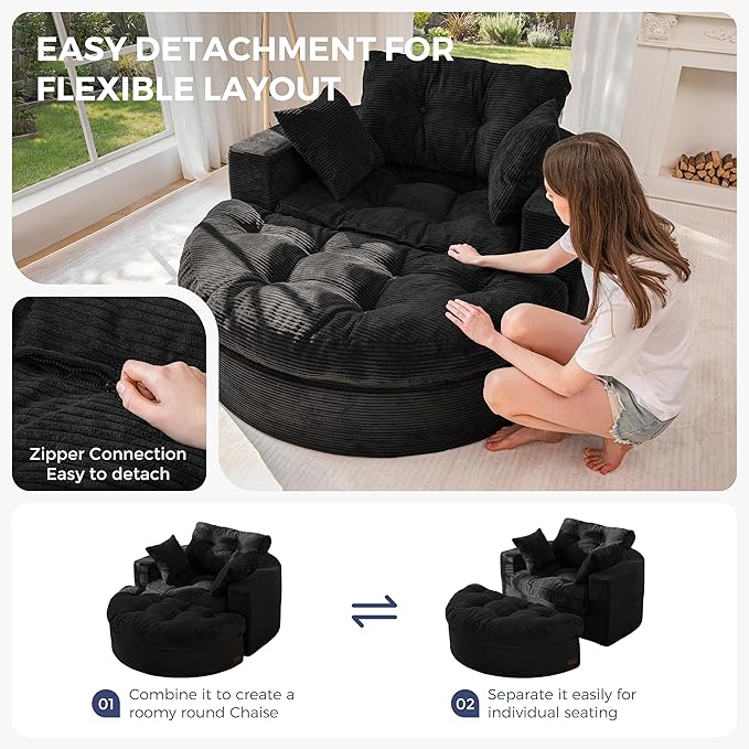 MAXYOYO Oversized Round Chaise Lounge Sofa, Upholstered Lounge Chair with 3 Pillows, Boneless Sofa Couch with Ottoman, Deep Seat Chair for Living Room, Bedroom, No Assembly, Black