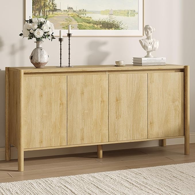 59" Wide Oak Buffet Cabinet Storage,4 Doors and Adjustable Shelves,Solid Wood Round Legs,Wood Mid Century Sideboard for Kitchen,Living Room,Coffee Bar.