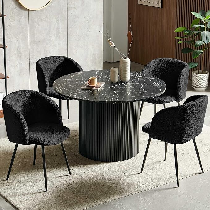 Black Dining Table Set for 4, 5-Piece Mordern Kitchen Dining Room Table Set, 47-Inch Round Breakfast Nook Dinner Table Fluted and Upholstered Sherpa Fabric Dining Armchairs Set