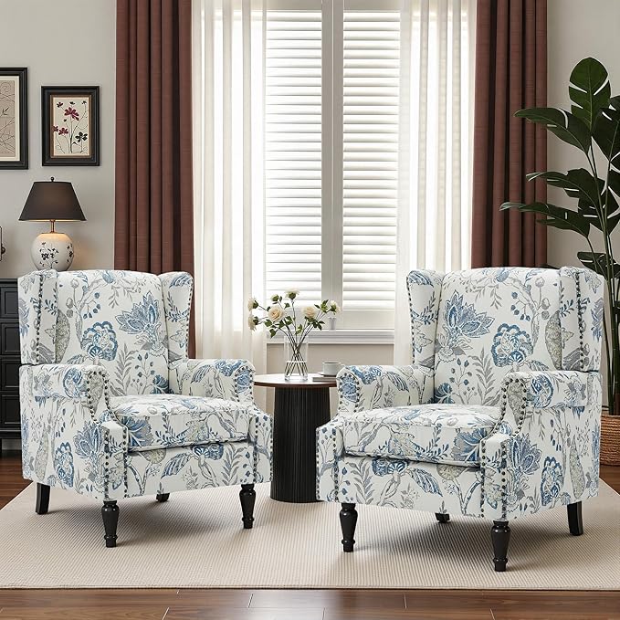 Wingback Chairs Set of 2, High Back Floral Accent Chair in Fabric, Comfy Upholstered Armchair with Nailhead Trim for Living Room, Single Sofa Reading Chair for Small Spaces, Bedroom-Plants Blue