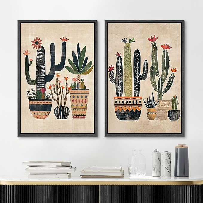 MUDECOR Framed Canvas Print Wall Art Set Mexican Cactus Tropical Botanical llustrations Modern Art Decorative Bohemian Calm/Zen for Living Room, Bedroom, Office - 24"x36"x2 Black