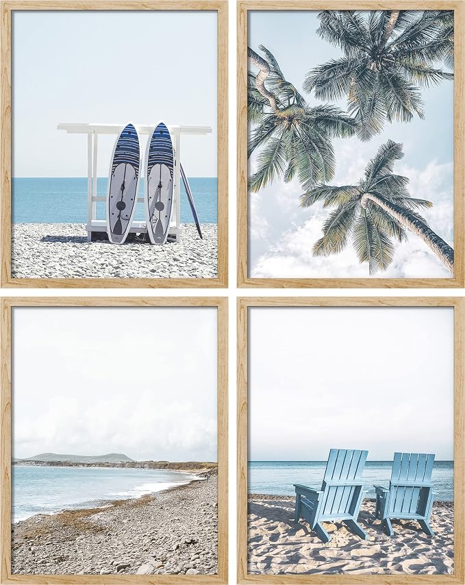 SIGNWIN Framed White Surfboard Tropical Palm Tree Beach Shore Wall Art, Set of 4 Landscape Colorful Wall Decor Prints, Nature Wilderness Wall Décor for Living Room, Bedroom - 12"x16" Natural
