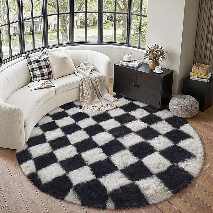 Checkered Rug 6x6 for Living Room, Black and White Modern Shag Super Soft Washable Fluffy Rugs Indoor Fuzzy Carpet for Bedroom Home Dorm Aesthetic Decor