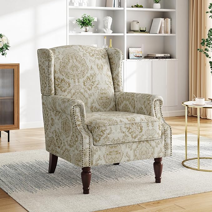 Pia Ricco Set of 2 Floral Accent Chairs, High Back Upholstered Armchairs with Retro Wingback Design, Nailhead Trim & Solid Wood Legs for Living Room Bedroom Home Office(Flower White)