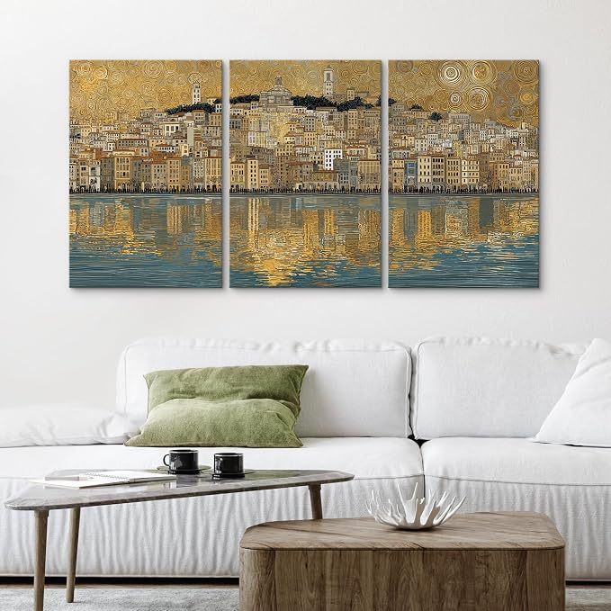 wall26 Canvas Print Wall Art Set Golden Cityscape Reflection Gustav Klimt Inspired Coastal TownDecorative Minimal Relax/Zen for Living Room, Bedroom, Office - 16"x24" x 3