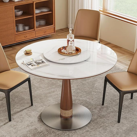 39” Round Dining Table with Solid Wood Base, White Sintered Stone Tabletop, Scratch and Heat Resistant, Modern Marble Table for Kitchen, Dining Room (White 39.37"+19.69" Lazy Susan)