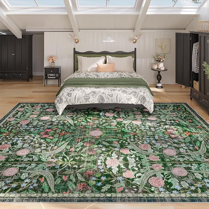 AMTOVO 9x12 Washable Area Rugs for Living Room, Non-Slip&Non-Shedding Floral Large Soft Boho Vintage Print Carpet for Bedroom Girls Room Dorm Dining Room Farmhouse Nursery Home Office, Dark Green