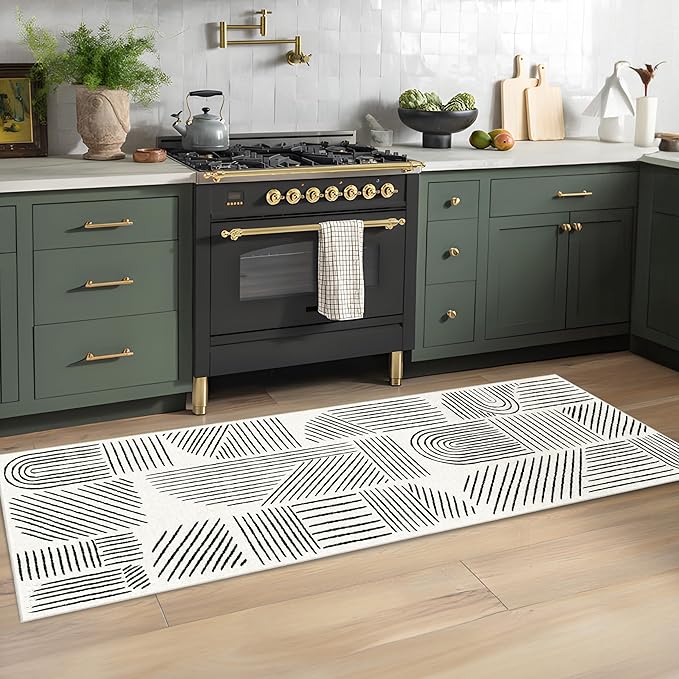 MUJOO 2x6 Runner Rug Washable,Mid Century Modern Abstract Non Slip Low Pile Runner Rug,White and Black Rug for Hallway Kitchen Entryway