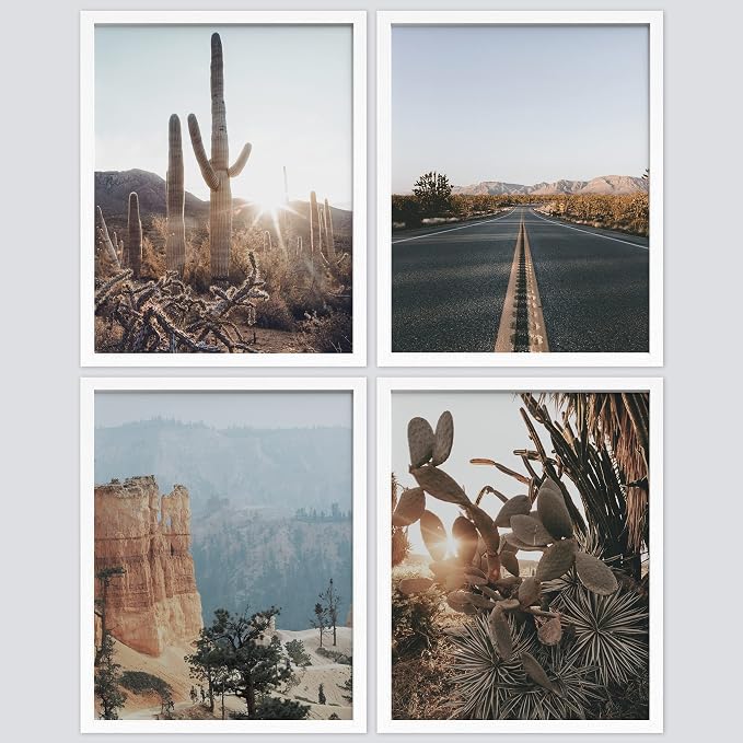 SIGNWIN Framed Cactus Desert Landscape Wall Art, Set of 4 Southwest Texas Arizona Saguaro Wall Decor Prints, Nature Wilderness Wall Décor for Living Room, Bedroom - 8"x10"x 4 White