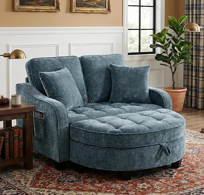 Round Chaise Lounge Chair with Storage Ottoman, Oversized Bubble Chair and a Half Featuring Adjustable Backrest, Plush Reading Accent Chair and Ottoman Set for Bedroom, Navy Blue