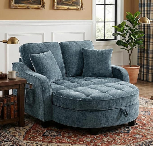 Round Chaise Lounge Chair with Storage Ottoman, Oversized Bubble Chair and a Half Featuring Adjustable Backrest, Plush Reading Accent Chair and Ottoman Set for Bedroom, Navy Blue