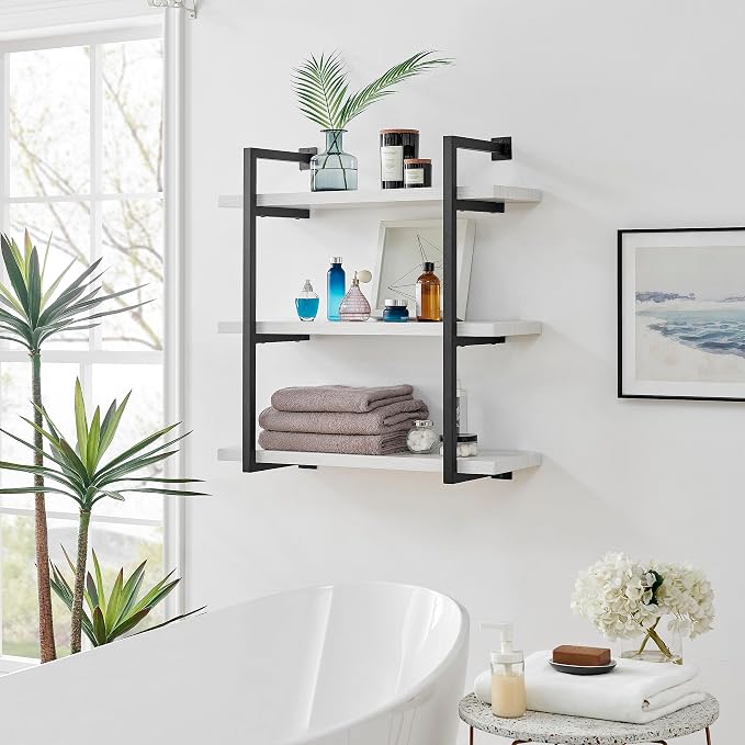 Danya B. Modern 3-Tier Hanging Bracket Wall Shelves in Black Metal and White Birch Finish