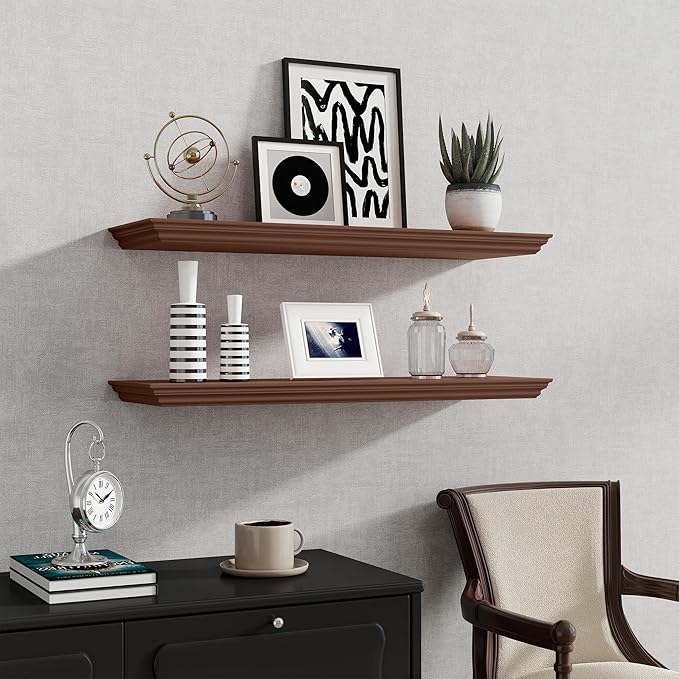 Fun Memories Floating Shelves 32 Inch Long, 9.3 Inch Deep Classic Crown Molding Floating Shelves for Wall, Rustic Wooden Shelves for Wall Decor Bathroom, Kitchen, Office, (Walnut, 2Pack)