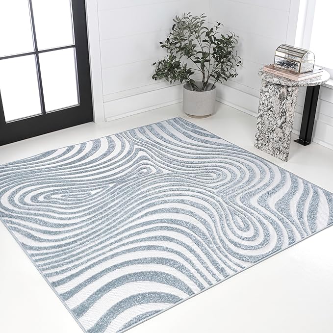 JONATHAN Y Maribo High-Low Abstract Striped Light Blue/Ivory 5x5 Square Indoor/Outdoor Area Rug, Pet Friendly, Non-Shedding, Stain Resistant, Easy-Cleaning for Backyard, Patio (SCN103C-5SQ)
