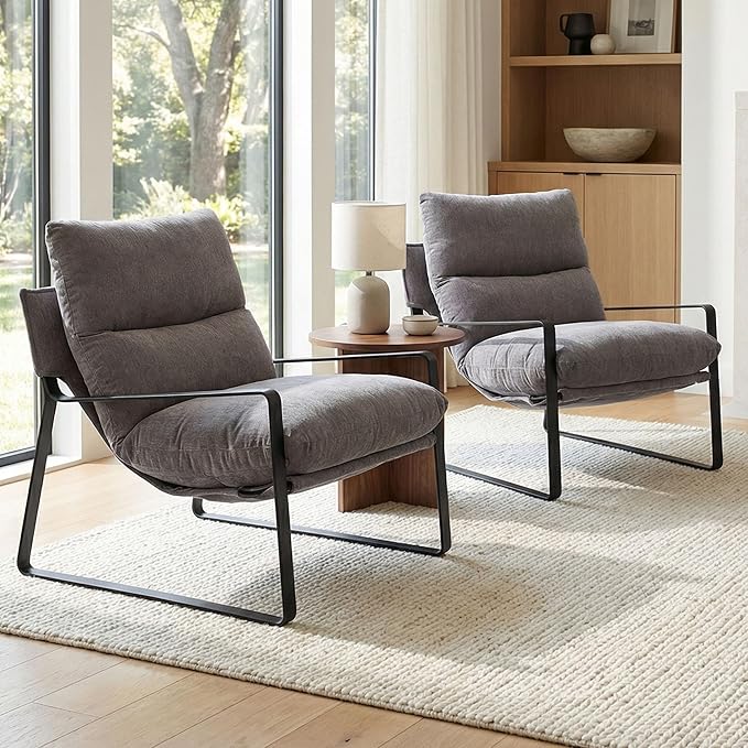 LukeAlon Modern Linen Accent Armchairs Set of 2, Upholstered Living Room Chairs with Metal Base Thickened Cushion Single Sofa Chairs Comfy Lounge Chairs for Bedroom Living Room, Grey