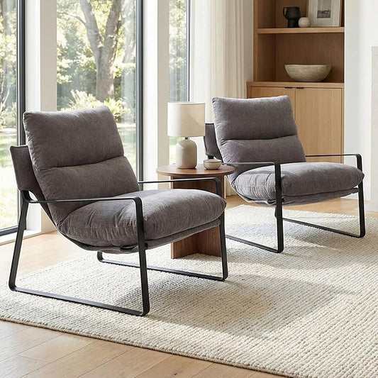 LukeAlon Modern Linen Accent Armchairs Set of 2, Upholstered Living Room Chairs with Metal Base Thickened Cushion Single Sofa Chairs Comfy Lounge Chairs for Bedroom Living Room, Grey