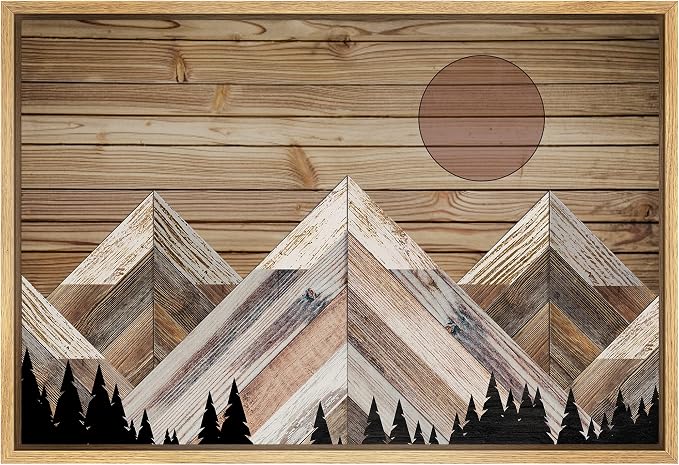 SIGNWIN Framed Canvas Print Wall Art Western Decor Mountain Range Forest Landscape Nature Wilderness Modern Art Nordic Rustic Wood Panel for Living Room, Bedroom, Office - 24"x36" Natural