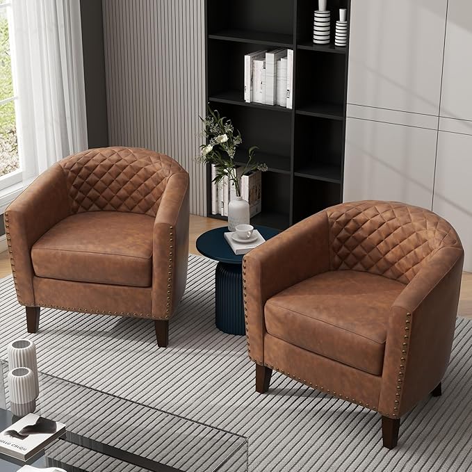 UIXE Faux Leather Barrel Accent Chairs Set of 6, Modern Club Upholstered Arm Chair, Comfy Armchair Nailed Trim Living Room Single Sofa Reading Seat Bedroom Side Sitting for Office, Brown