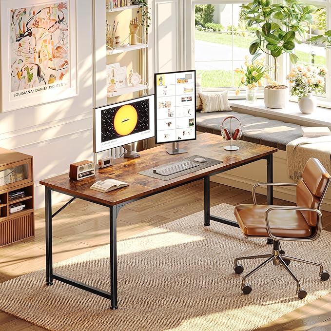 PRAISUN 55 Inch Computer Desk, Home Office Desk with Spacious Desktop, Modern Gaming Desk, Writing Study Table for Bedroom, Small Spaces, Work from Home Desk with Metal Frame, Rustic Brown