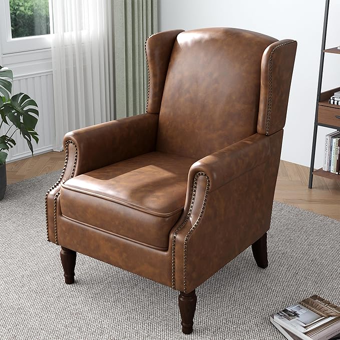 Lumibee Accent Chair, Faux Leather High Back Armchair or Living Room, Comfy Upholstered Single Sofa Reading Chair with Solid Wood Legs for Office, Bedroom, Waiting Room-Brown