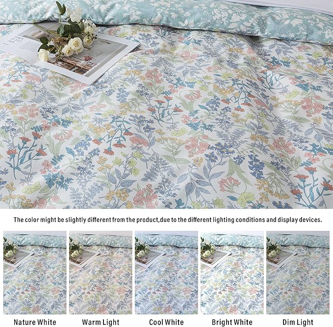 HoneiLife Cotton Queen Duvet Cover - Floral Comforter Cover 3-Piece, Botanical Bedlinen Sets with Zipper Closure & Corner Ties, Wildflower Bedlinen Sets for All Season Use