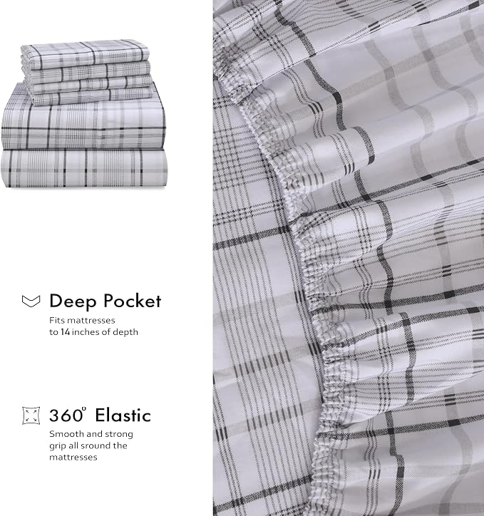 RUVANTI 100% Cotton Percale Sheets California King Size 6 Piece Set, Cooling Bed Sheets for Hot Sleepers, Deep Pocket 14”, Breathable Lightweight & Durable, Crisp Hotel Style Sheets, Open Check